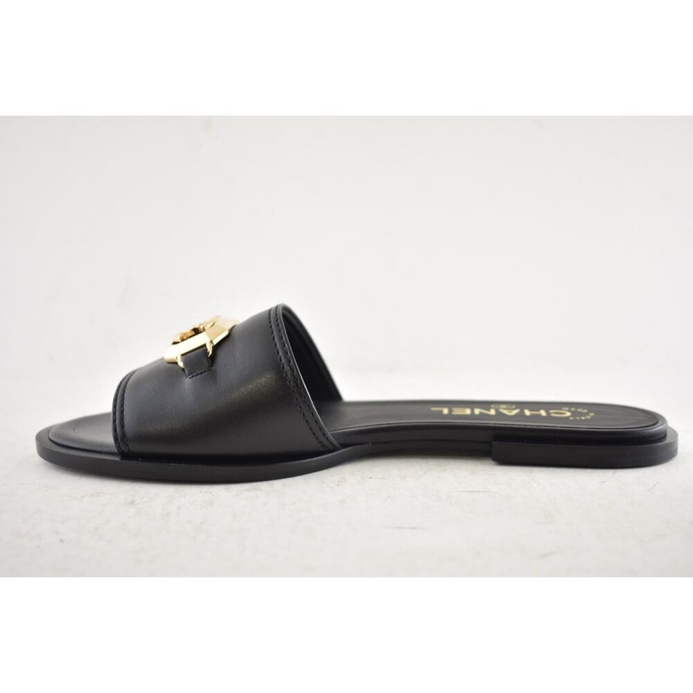 Chanel 23B Black Shiny Calfskin Leather Gold CC Logo Mule Slides Sandals Flat 38 - Picture 14 of 16